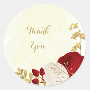 Romantic dark red & white flowers gold wedding classic round sticker