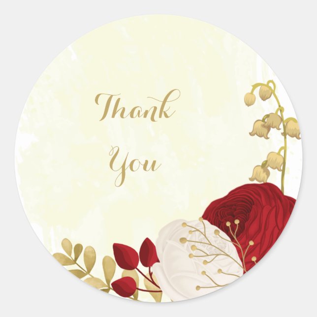 Romantic dark red & white flowers gold wedding classic round sticker (Front)