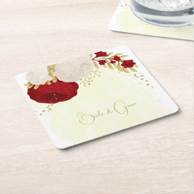 Romantic dark red & white flowers gold wedding square paper coaster (Angled)
