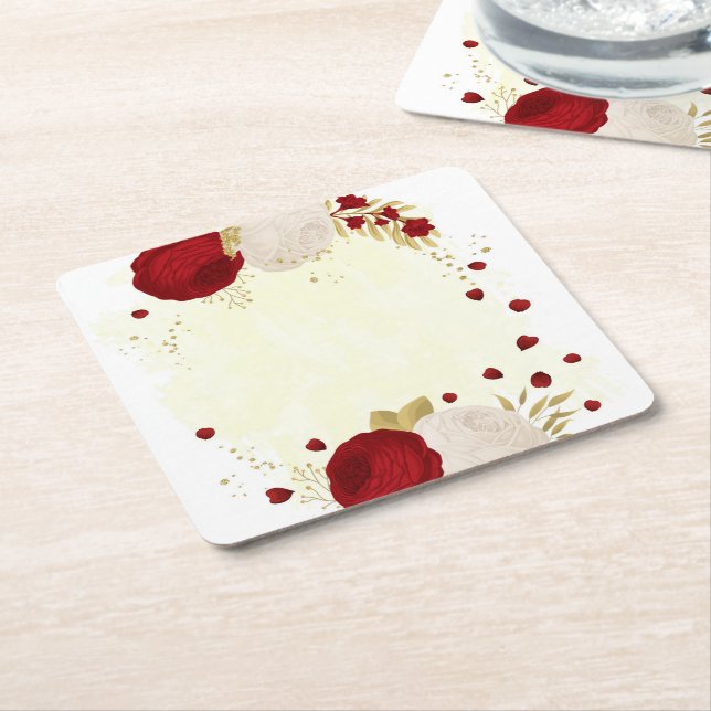 Romantic dark red & white flowers gold wedding square paper coaster (Angled)