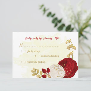 Romantic dark red & white flowers RSVP card