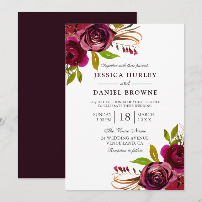 Romantic Deep Burgundy Red Rose Wedding Invitation (Front/Back)