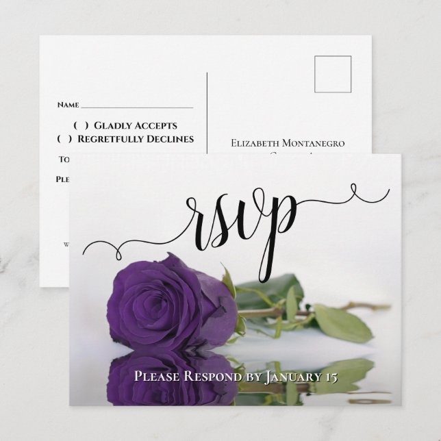 Romantic Deep Purple Reflecting Rose Wedding RSVP Postcard (Front/Back)