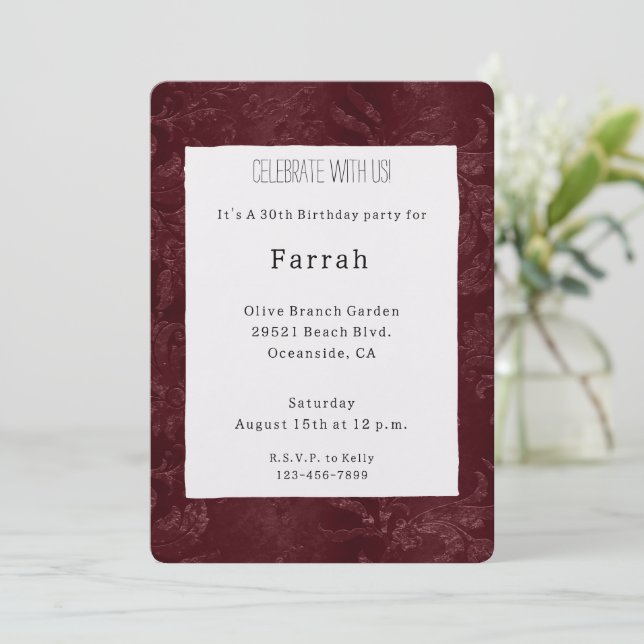 Romantic Deep Red Burgundy Floral Birthday   Invitation (Standing Front)