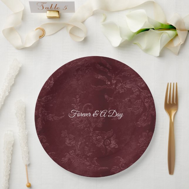 Romantic Deep Red Burgundy Floral Wedding Paper Plate (Wedding)