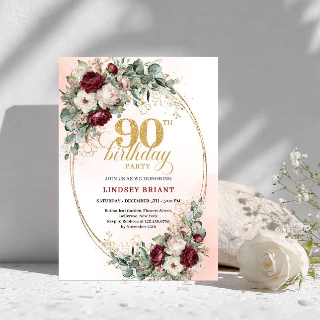 Romantic Deep Red Floral Gold 90th Birthday Invite (Romantic Deep Red Floral Gold 90th Birthday Invitation)