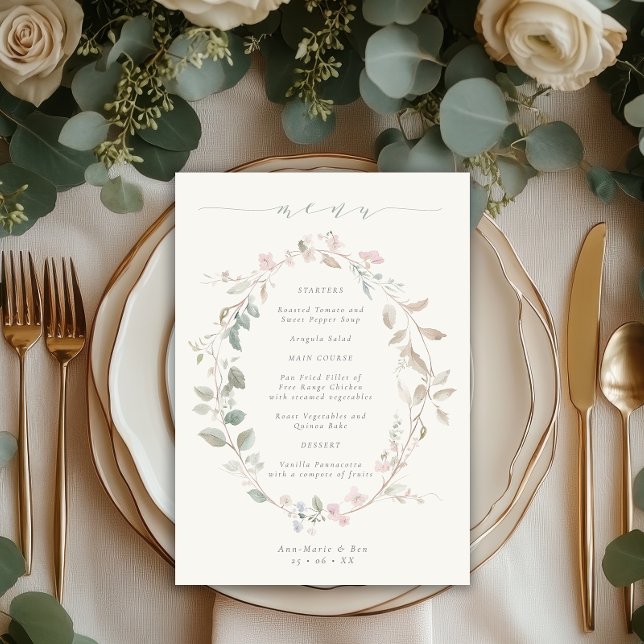 Romantic Delicate Blush Floral Wreath Wedding Menu (Creator Uploaded)