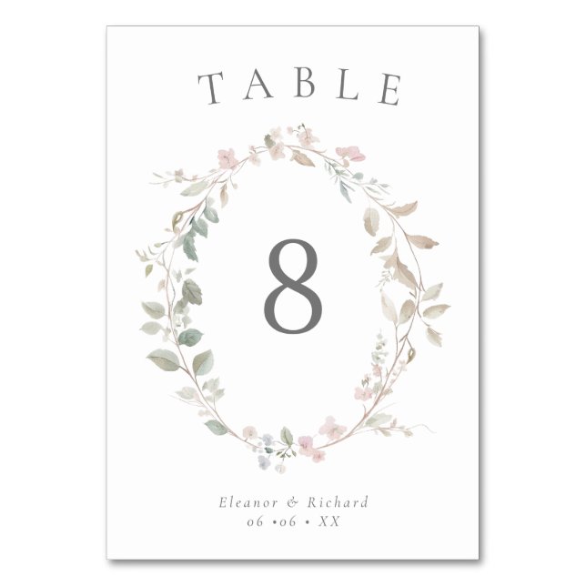 Romantic Delicate Blush Floral Wreath Wedding Table Number (Front)
