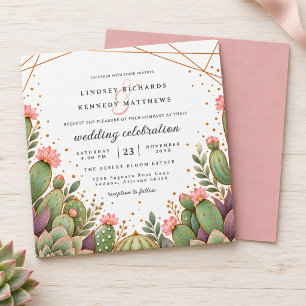 Romantic Desert Blooms Pink Cactus Square Wedding Invitation