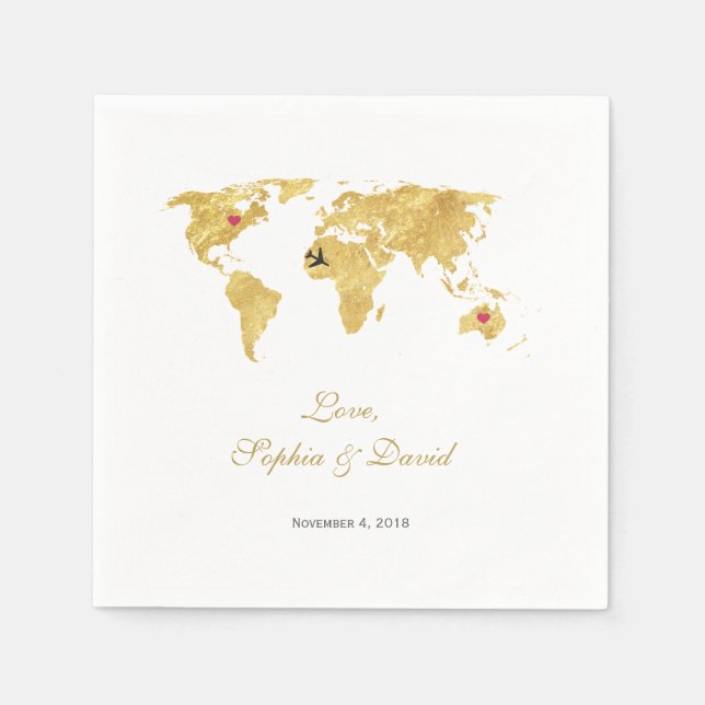 Romantic Destination Wedding Gold World Map Napkin (Front)