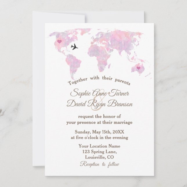 Romantic Destination Wedding Watercolor World Map Invitation (Front)