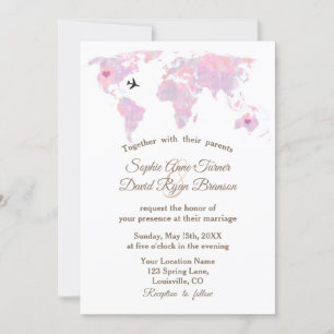 Romantic Destination Wedding Watercolor World Map Invitation