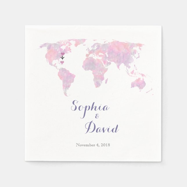Romantic Destination Wedding Watercolor World Map Napkin (Front)