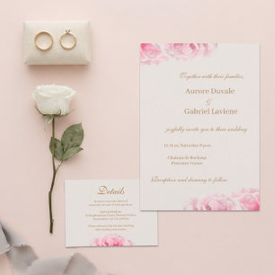 Romantic Dewy Pink Real Roses and Gold Wedding Invitation