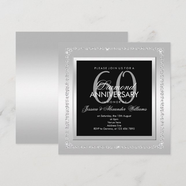 Romantic Diamonds Silver 60th Wedding Anniversary Invitation (Front/Back)
