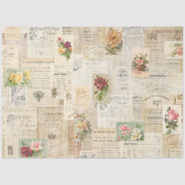 Romantic Distressed Rose & Ephemera Tissue Paper (Front)
