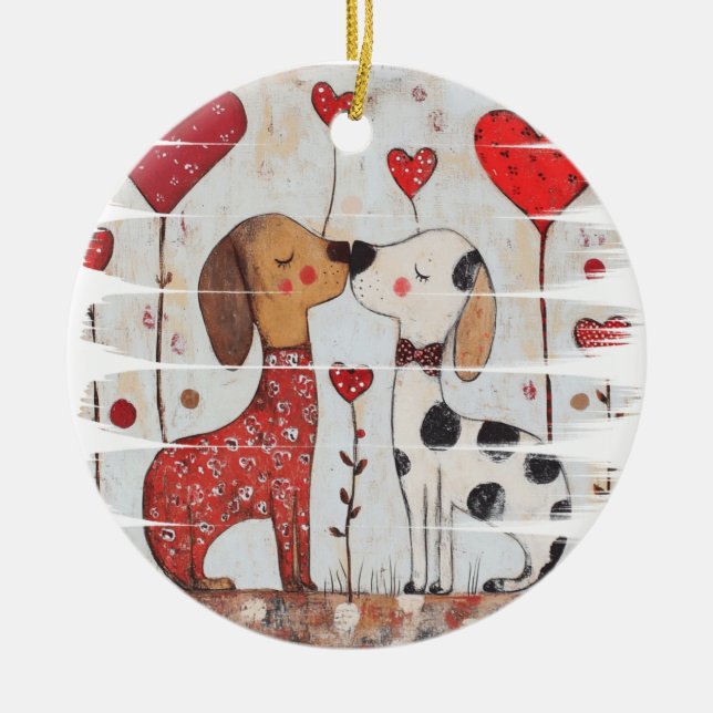 Romantic Dogs with Heart Balloons Ceramic Tree Decoration (Front)