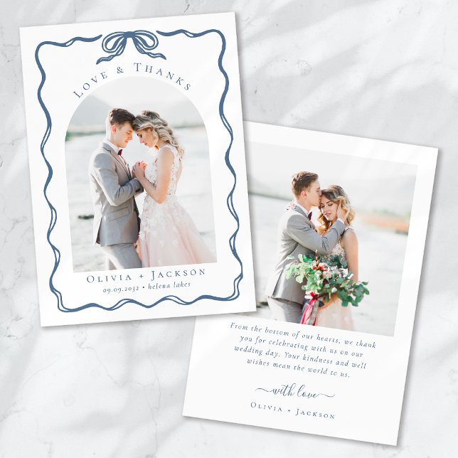 Romantic Doodle Coquette Bow Blue Wedding Photo Thank You Card (Creator Uploaded)