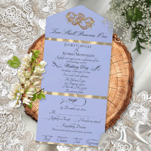 Romantic Double Hearts - Blue Pearl/Gold All In One Invitation