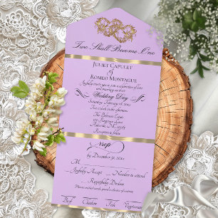 Romantic Double Hearts - Lavender/Gold All In One Invitation