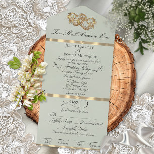 Romantic Double Hearts - Sage Pearl/Gold All In One Invitation