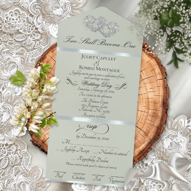 Romantic Double Hearts - Sage/Silver All In One Invitation (Creator Uploaded)