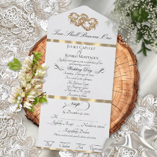 Romantic Double Hearts - White Pearl/Gold All In One Invitation