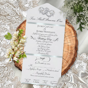 Romantic Double Hearts - White Pearl/Silver All In One Invitation