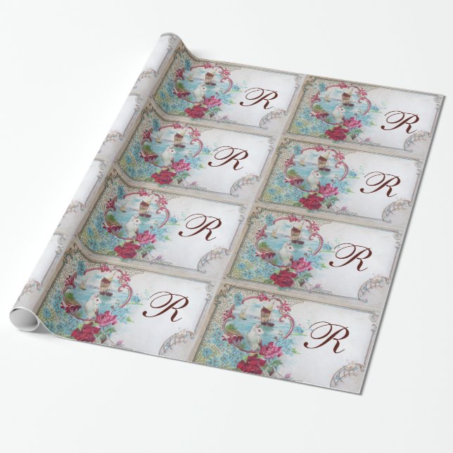 ROMANTIC DOVE,ELEGANT WHITE PINK WEDDING FLORAL WRAPPING PAPER (Unrolled)
