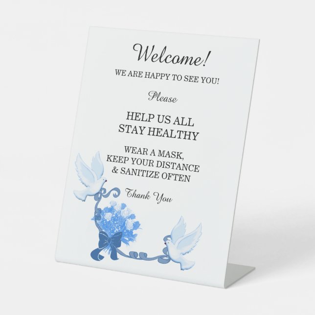 Romantic Doves And Blue Flowers Wedding Safety  Pedestal Sign (Front)