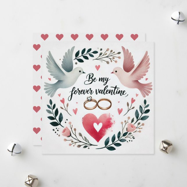 Romantic Doves and Rings Heart Card with Wreath (Front/Back In Situ)