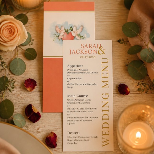 Romantic Doves Coral Wedding Menu (Creator Uploaded)