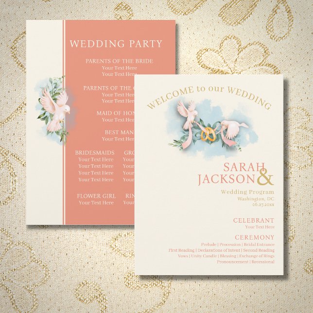 Romantic Doves Coral Wedding Program (Creator Uploaded)