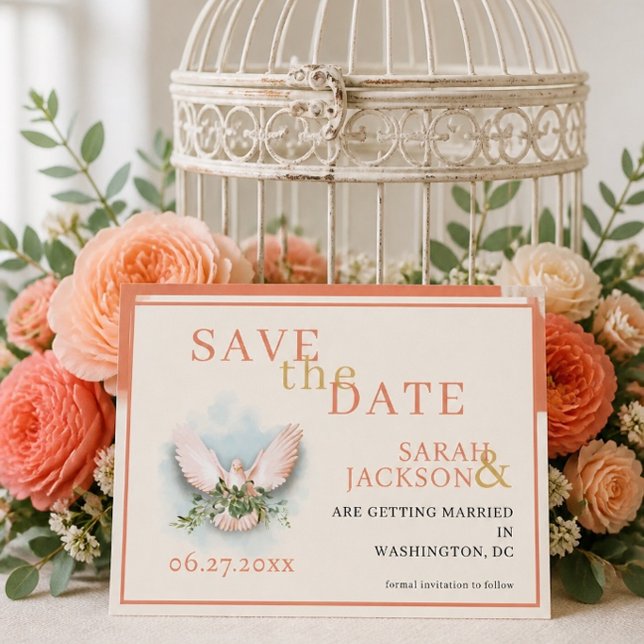 Romantic Doves Coral Wedding Save the Date Invitation (Creator Uploaded)