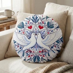 Romantic Doves & Floral Heart Mandala Round Cushion