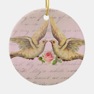 Romantic Doves in Love Vintage Collage Ceramic Tree Decoration