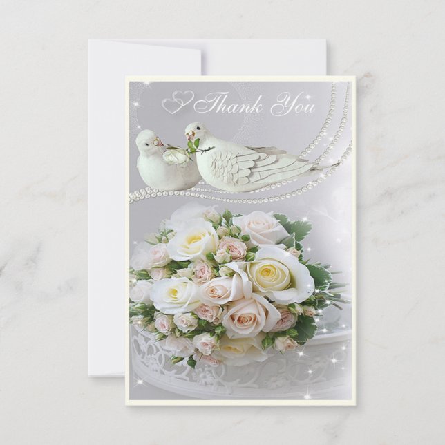 Romantic Doves, Sparkles & Roses Thank You Wedding Card (Front)