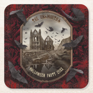 Romantic Dracula's Whitby Abbey Halloween Party Square Paper Coaster