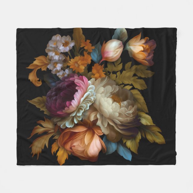 Romantic Dramatic "Old World" Floral  Fleece Blanket (Front (Horizontal))