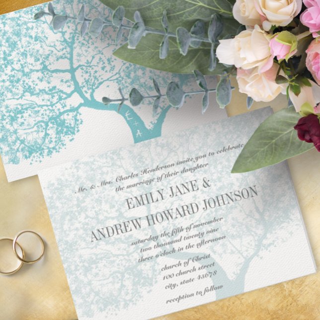 Romantic Dusty Aqua Blue Boho Woodland Tree  Invitation (Creator Uploaded)