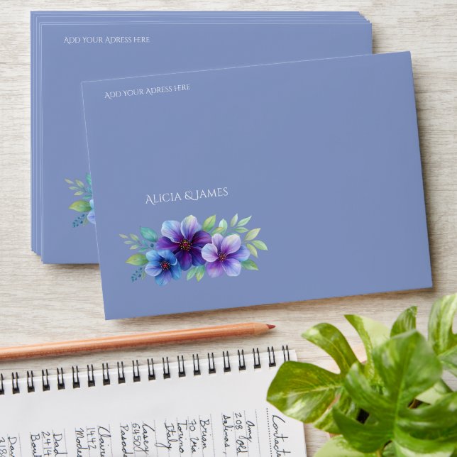 Romantic Dusty Blue Botanical Watercolor Wedding  Envelope (Stacked)