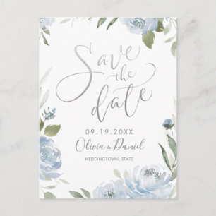 Romantic dusty blue calligraphy save the date postcard