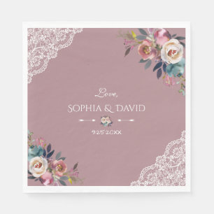 Romantic Dusty Blue Dusty Rose Flowers Wedding Napkin