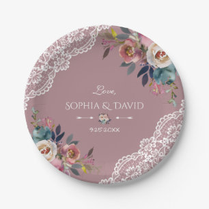 Romantic Dusty Blue Dusty Rose Flowers Wedding Paper Plate