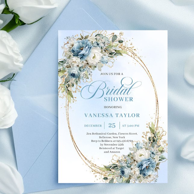 Romantic Dusty Blue Eucalyptus Gold Bridal Shower  Invitation (Romantic Dusty Blue Eucalyptus Gold Bridal Shower Invite)