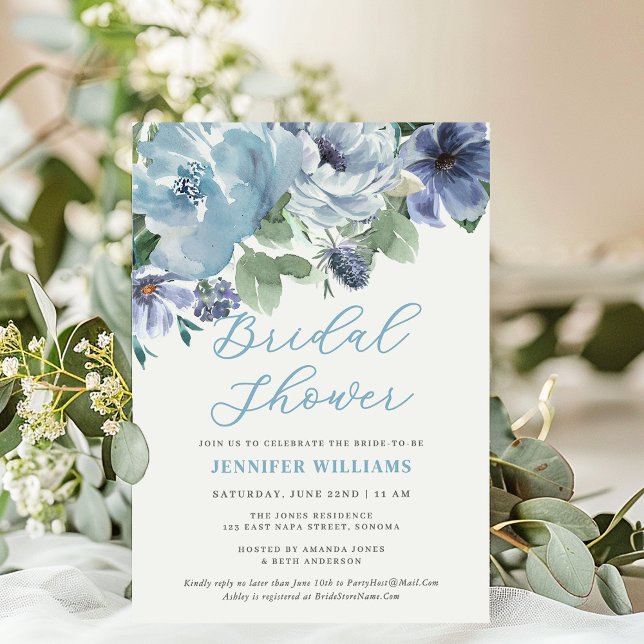 Romantic Dusty Blue Floral Bridal Shower Party Invitation (Creator Uploaded)