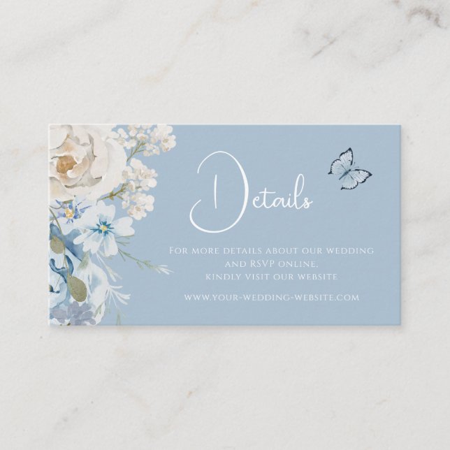 Romantic Dusty Blue Floral Details Wedding Business Card (Front)