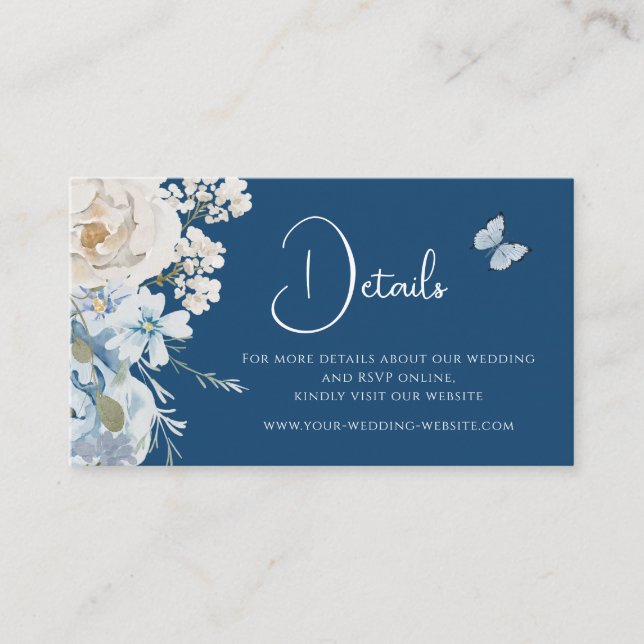 Romantic Dusty Blue Floral Details Wedding Business Card (Front)