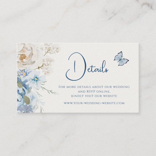 Romantic Dusty Blue Floral Details Wedding Enclosure Card (Front)