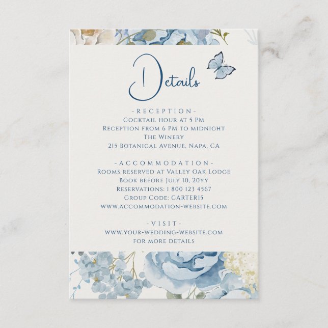 Romantic Dusty Blue Floral Details Wedding Enclosure Card (Front)